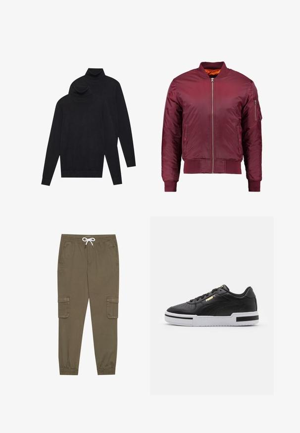 Burgundi värvi bomber-jakk, mis on valmistatud siledast ja kerge materjalist. Mööda esist osa on lukuga, varrukate otstes on soonikkoes ribad ning vasakul varrukal on tasku.; Kaks musta pikkade varrukatega kõrge kaelusega sviitrit, lihtne kudumine, asetatud üksteise peale, üks veidi teise taga, valgel taustal.; Khaki cargo püksid elastse vöökoha ja stringiga, külgtaskud ja voltidega pahkluude juures. Valmistatud tekstureeritud, kerget materjalist.; Must have nahkast jooksujalats valge vaheosaga, perforatsiooni kohal, kuldse logosilmbiga, pehmendusega kaelaosas ning kontrastsete mustade aktsentidega külgedel.