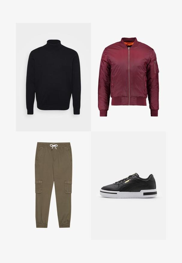 Bordo aviatora jakna, izgatavota no gludas, vieglas materiāla. Iezīmē priekšējo rāvējslēdzēju, ribotām aprocēm un kabatu kreisajā piedurknē.; Melnā turtlenecka džemperis, izgatavots no gludas adījuma materiāla, ar garām piedurknēm un pieguļošu dizainu ar augstu apkakli.; Kaki kravas bikses ar elastīgu jostu un auklu, ar sānu kabatām un piegrieztiem potīšu galiem. Izgatavotas no teksturēta, viegla materiāla.; Melnas ādas sporta kurpes ar baltu viduspaldu, perforētu purngalu, zelta logotipa detalizāciju, mīkstu apkaklīti un kontrastējošām melnām akcentēm sānos.