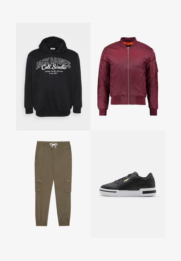 Giacca bomber color bordeaux realizzata in un materiale liscio e leggero. Presenta una zip frontale, polsini a coste e una tasca sul manica sinistra.; Felpa nera con cappuccio regolabile e polsini a costine. Presenta il logo testuale bianco "JACK & JONES Coll. Studio" centrato sulla parte anteriore.; Pantaloni cargo khaki con elastico in vita e cordino, dotati di tasche laterali e caviglie cuffiate. Realizzati in un materiale leggero e testurizzato.; Sneaker in pelle nera con suola bianca, punta perforata, dettaglio logo in oro, collare imbottito e accenti neri a contrasto sui lati.