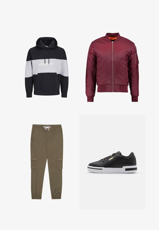 Bomber jacket maroon dibuat dari bahan halus dan ringan. Memiliki ritsleting depan, manset bergelombang, dan saku di lengan kiri.; Huppari, jossa on laivastonsininen ja harmaa väriblokki, valmistettu puuvillasta. Siinä on kengurupokka ja logo-printti rinnassa. Pehmeä rakenne ja ribbireunukset.; Khaki cargo-housut, joissa on joustava vyötärö ja kiristysnauha, sekä sivutaskut ja lahkeiden resorit. Valmistettu teksturoidusta, kevyestä materiaalista.; Musta nahkainen lenkkari, jossa on valkoinen välipohja, rei'itetty varvastoppa, kultainen logodetail, pehmustettu nilkkareuna ja mustat kontrastivärit sivuilla.