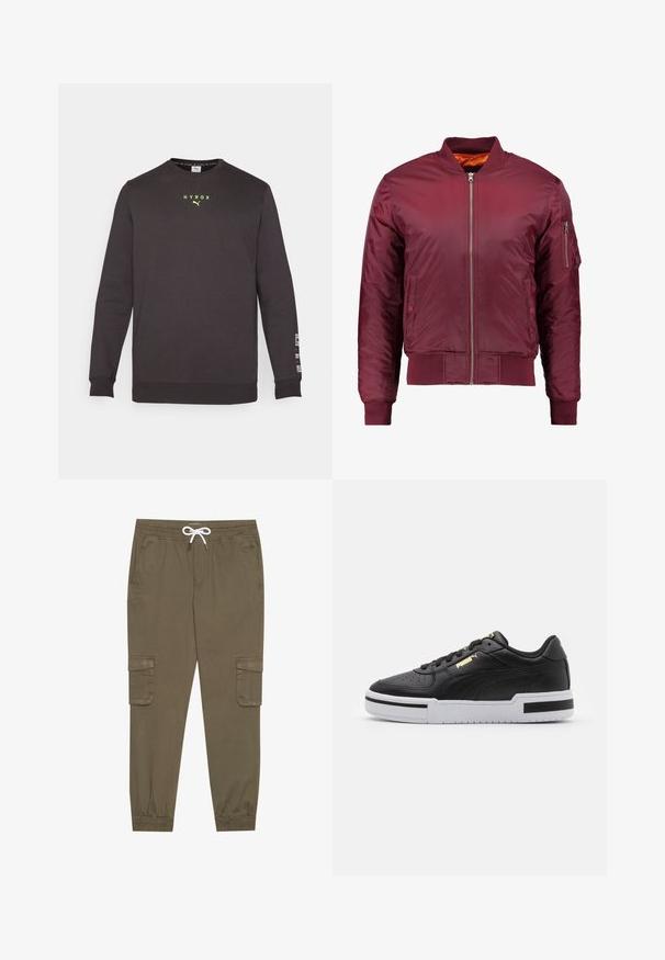 Bordový bomber kabát vyrobený z hladkého, ľahkého materiálu. Má predný zips, rebrované manžety a vrecko na ľavom rukáve.; Čierna mikina s dlhými rukávmi, okrúhlym výstrihom, reflexné žlté logo "HYROX" na hrudi a biely text na ľavom rukáve. Mäkko, flísový materiál.; Khaki cargo nohavice s elastickým pásom a šnúrkou, pričom majú bočné vrecká a zúžené členky. Vyrobené z textúrovaného, ľahkého materiálu.; Čierne kožené tenisky s bielou medzipodrážkou, perforovanou špičkou, zlatým logom, polstrovaným golierom a kontrastnými čiernymi akcentmi na boku.