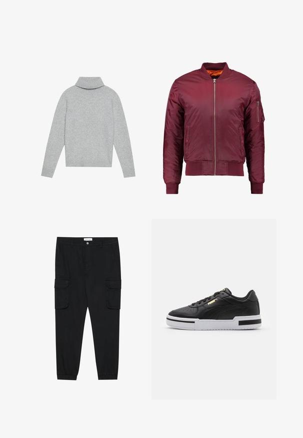 Bordeaux bomberjakke lavet af glat, let materiale. Har en frontlynlås, ribbede manchetter og en lomme på venstre ærme.; Lys grå turtleneck sweater med ribbet krave og manchetter, fremstillet af blødt strikmateriale. Har en afslappet pasform og ensfarvet design.; Sorte cargo-bukser med lige ben, elastiske manchetter og flere side lommer. Lavet af tekstureret stof med knaplukning.; Sort lædersneaker med hvid mellemsål, perforeret tå, guld logo detalje, polstret krave og kontrasterende sorte accenter på siden.