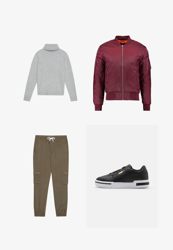 Bordeaux bomberjakke lavet af glat, let materiale. Har en frontlynlås, ribbede manchetter og en lomme på venstre ærme.; Lys grå turtleneck sweater med ribbet krave og manchetter, fremstillet af blødt strikmateriale. Har en afslappet pasform og ensfarvet design.; Khaki cargo bukser med elastisk linning og snor, med sidelommer og manchetter ved anklerne. Fremstillet af et tekstureret, let materiale.; Sort lædersneaker med hvid mellemsål, perforeret tå, guld logo detalje, polstret krave og kontrasterende sorte accenter på siden.