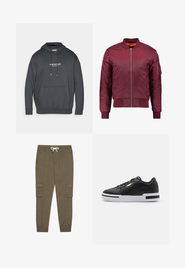 Bordový bomber kabát vyrobený z hladkého, ľahkého materiálu. Má predný zips, rebrované manžety a vrecko na ľavom rukáve.; Tmavošedá mikina vyrobená z mäkkej textílie. Má kapucňu so šnúrkou, prednú klokanku a biely textový logotyp na hrudi.; Khaki cargo nohavice s elastickým pásom a šnúrkou, pričom majú bočné vrecká a zúžené členky. Vyrobené z textúrovaného, ľahkého materiálu.; Čierne kožené tenisky s bielou medzipodrážkou, perforovanou špičkou, zlatým logom, polstrovaným golierom a kontrastnými čiernymi akcentmi na boku.