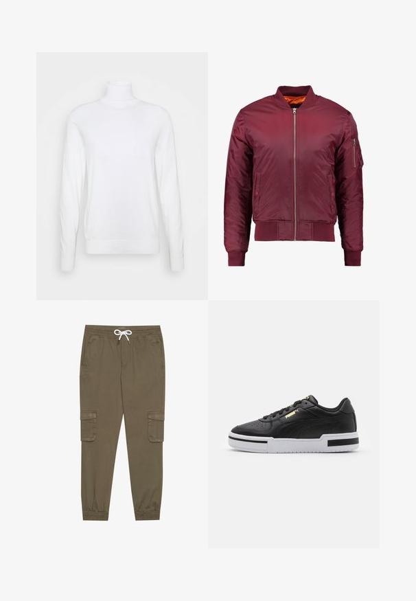Maroonowa kurtka bomberka wykonana z gładkiego, lekkiego materiału. Posiada zamek błyskawiczny z przodu, ściągacze przy mankietach oraz kieszeń na lewym rękawie.; Biały sweter z golfem i długimi rękawami, wykonany z gładkiego materiału. Charakteryzuje się dopasowanym krojem oraz ściągaczami przy mankietach i dolnym wykończeniu. Brak wzorów i akcentów.; Khaki spodnie cargo z elastycznym pasem i sznurkiem, z bocznymi kieszeniami i ściągaczami przy kostkach. Wykonane z teksturowanego, lekkiego materiału.; Czarny skórzany sneaker z białą podeszwą, perforowanym noskiem, złotym logotypem, wyściełanym kołnierzem i kontrastowymi czarnymi akcentami po bokach.