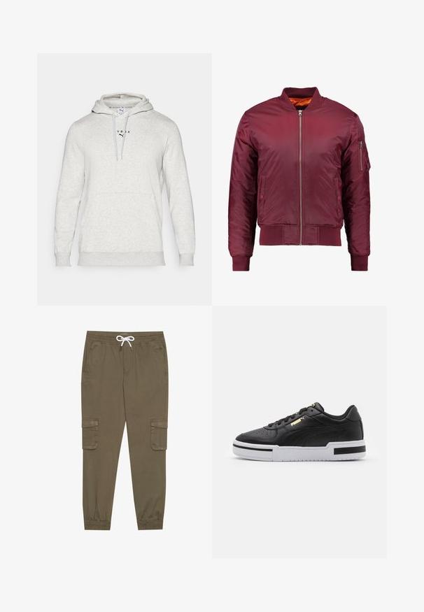 Giacca bomber color bordeaux realizzata in un materiale liscio e leggero. Presenta una zip frontale, polsini a coste e una tasca sul manica sinistra.; Felpa grigia realizzata in tessuto misto cotone. Presenta una tasca frontale, cappuccio con cordino e dettagli del logo stampati sul petto.; Pantaloni cargo khaki con elastico in vita e cordino, dotati di tasche laterali e caviglie cuffiate. Realizzati in un materiale leggero e testurizzato.; Sneaker in pelle nera con suola bianca, punta perforata, dettaglio logo in oro, collare imbottito e accenti neri a contrasto sui lati.