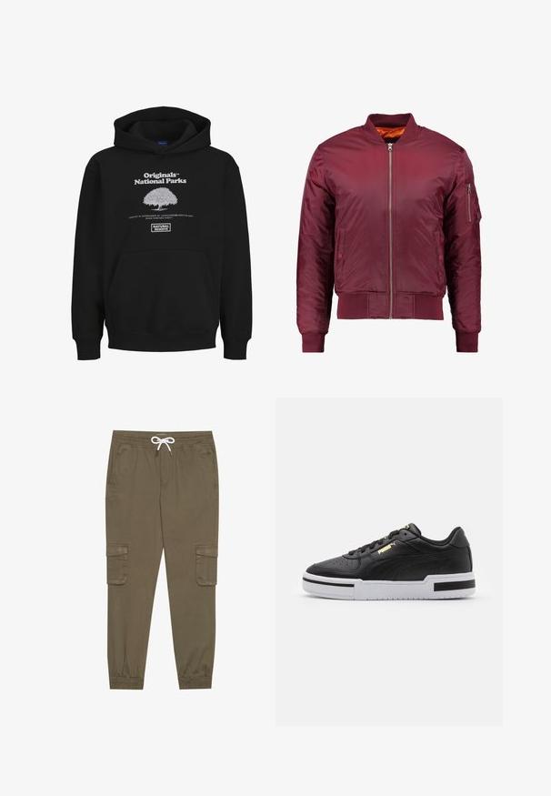 Giacca bomber color bordeaux realizzata in un materiale liscio e leggero. Presenta una zip frontale, polsini a coste e una tasca sul manica sinistra.; Felpa nera con tasca a marsupio, caratterizzata da un logo grafico bianco di un albero e dalla scritta: "Originals National Parks" e "Natural Reserve."; Pantaloni cargo khaki con elastico in vita e cordino, dotati di tasche laterali e caviglie cuffiate. Realizzati in un materiale leggero e testurizzato.; Sneaker in pelle nera con suola bianca, punta perforata, dettaglio logo in oro, collare imbottito e accenti neri a contrasto sui lati.