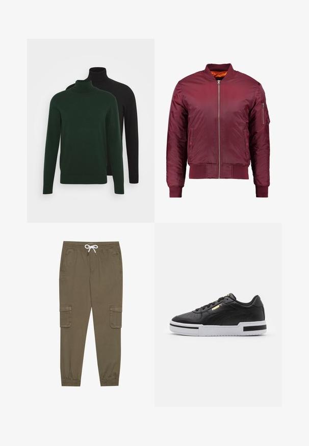 Veste bomber bordeaux en matériau lisse et léger. Comprend une fermeture éclair à l'avant, des poignets côtelés et une poche sur la manche gauche.; Deux pulls col roulé, l'un vert foncé et l'autre noir, fabriqués dans un tissu lisse, avec des manches longues et des poignets côtelés.; Pantalons cargo kaki avec une taille élastique et un cordon de serrage, dotés de poches latérales et de chevilles côtelées. Fabriqués en matériau texturé et léger.; Sneakers en cuir noir avec une semelle intermédiaire blanche, bout perforé, détail de logo doré, col rembourré et accents noirs contrastants sur le côté.