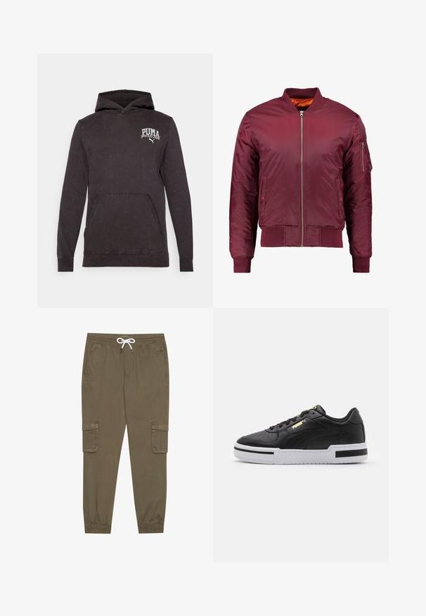 Bordový bomber kabát vyrobený z hladkého, lehkého materiálu. Obsahuje přední zip, žebrované manžety a kapsu na levém rukávu.; Černá bavlněná mikina s klokaní kapsou vpředu, žebrovanými manžetami a bílým logem "PUMA sports club" na hrudi.; Khaki cargo kalhoty s elastickým pasem a tkaničkou, s bočními kapsami a manžetami na kotnících. Vyrobeno z texturovaného, lehkého materiálu.; Černé kožené tenisky s bílou mezipodešví, perforovanou špičkou, zlatým logem, polstrovaným límcem a kontrastními černými akcenty na straně.