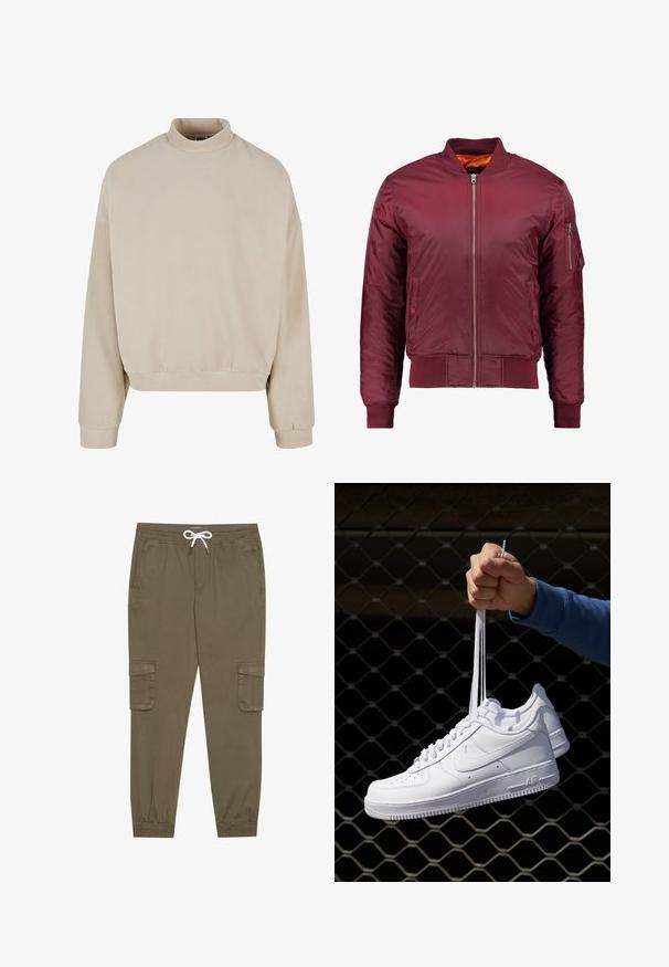 Maroon bomber jacket made of smooth, lightweight material. Features a front zipper, ribbed cuffs, and a pocket on the left sleeve.; Beige fleece sweatshirt with a high neck, loose fit, dropped shoulders, and ribbed cuffs. Soft texture and simple design with no patterns.; Khaki cargo pants with an elastic waistband and drawstring, featuring side pockets and cuffed ankles. Made from a textured, lightweight material.; White leather sneakers with perforations, round toe, flat sole, and thick laces, featuring a visible swoosh logo and "AIR" on the heel.