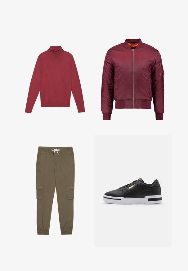 Giacca bomber color bordeaux realizzata in un materiale liscio e leggero. Presenta una zip frontale, polsini a coste e una tasca sul manica sinistra.; Maglione a collo alto rosso realizzato in morbido tessuto a maglia. Presenta maniche lunghe e una vestibilità aderente. Tessuto liscio senza motivi o accessori visibili.; Pantaloni cargo khaki con elastico in vita e cordino, dotati di tasche laterali e caviglie cuffiate. Realizzati in un materiale leggero e testurizzato.; Sneaker in pelle nera con suola bianca, punta perforata, dettaglio logo in oro, collare imbottito e accenti neri a contrasto sui lati.