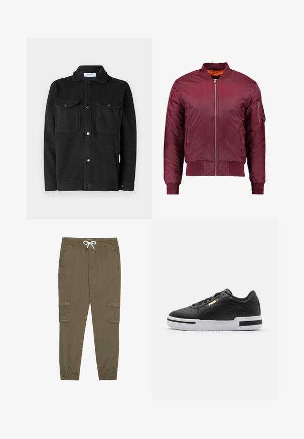 Bordový bomber kabát vyrobený z hladkého, lehkého materiálu. Obsahuje přední zip, žebrované manžety a kapsu na levém rukávu.; Only & Sons ONSEMILIO - Košile - black; Khaki cargo kalhoty s elastickým pasem a tkaničkou, s bočními kapsami a manžetami na kotnících. Vyrobeno z texturovaného, lehkého materiálu.; Černé kožené tenisky s bílou mezipodešví, perforovanou špičkou, zlatým logem, polstrovaným límcem a kontrastními černými akcenty na straně.