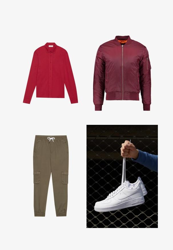 Bordeaux bomberjakke lavet af glat, let materiale. Har en frontlynlås, ribbede manchetter og en lomme på venstre ærme.; Rød langærmet skjorte lavet af bomuld. Har en klassisk krave, frontknapper og manchetter med en glat overflade. Ingen mønstre eller accenter.; Khaki cargo bukser med elastisk linning og snor, med sidelommer og manchetter ved anklerne. Fremstillet af et tekstureret, let materiale.; Hvide lædersneakers med perforeringer, rund tå, flad sål og tykke snørebånd, med et synligt swoosh-logo og "AIR" på hælen.
