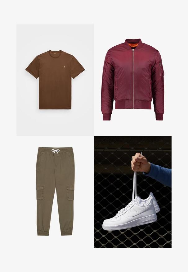 Bordo spalvos bomberis, pagamintas iš lygaus, lengvo medžiagos. Yra priekinis užtrauktukas, įtempiami rankogaliai ir kišenė kairiajame rankove.; Polo Ralph Lauren Big & Tall JERSEY CREWNECK T-SHIRT - Paprasti marškinėliai - pale russet; Khaki krovinių kelnės su elastingu juosmeniu ir užtrauktuku, su šoninėmis kišenėmis ir sutrauktomis kulkšnėmis. Pagamintos iš tekstūruotos, lengvos medžiagos.; Balti odiniai sportiniai bateliai su perforacijomis, apvalia nosimi, plokščiu padu ir storomis raištelėmis, su matomu swoosh logotipu ir "AIR" ant kulno.