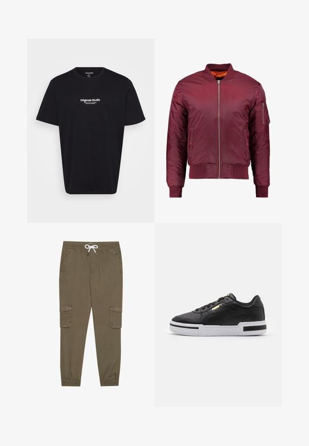 Burgundi värvi bomber-jakk, mis on valmistatud siledast ja kerge materjalist. Mööda esist osa on lukuga, varrukate otstes on soonikkoes ribad ning vasakul varrukal on tasku.; Must musta t-särk lühikeste varrukatega, ümar kaelus ja ees prinditud valge tekst "Originals Studio". Sile tekstuur, lahtine istuvus.; Khaki cargo püksid elastse vöökoha ja stringiga, külgtaskud ja voltidega pahkluude juures. Valmistatud tekstureeritud, kerget materjalist.; Must have nahkast jooksujalats valge vaheosaga, perforatsiooni kohal, kuldse logosilmbiga, pehmendusega kaelaosas ning kontrastsete mustade aktsentidega külgedel.