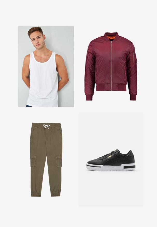 Bordeaux bomberjack gemaakt van soepel, lichtgewicht materiaal. Kenmerkt zich door een voorrits, geribbelde manchetten en een zak op de linker mouw.; Witte katoenen tanktop met een ronde hals en brede armgaten, getoond op een model tegen een lichtgrijze achtergrond.; Khaki cargobroek met een elastische tailleband en trekkoord, voorzien van zijzakken en afgeknipte enkels. Gemaakt van een gestructureerd, lichtgewicht materiaal.; Zwarte leren sneaker met witte tussenzool, geperforeerde neus, gouden logo-detail, gevoerde kraag en contrasterende zwarte accenten aan de zijkant.