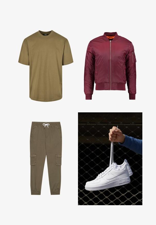 Burgundi värvi bomber-jakk, mis on valmistatud siledast ja kerge materjalist. Mööda esist osa on lukuga, varrukate otstes on soonikkoes ribad ning vasakul varrukal on tasku.; Olive roheline t-särk, lühikesed varrukad, ümmargune kaelus, valmistatud puuvillast materjalist, sportlik kujundus ilma mustrite või aktsendita.; Khaki cargo püksid elastse vöökoha ja stringiga, külgtaskud ja voltidega pahkluude juures. Valmistatud tekstureeritud, kerget materjalist.; Valged nahast tennisetossud, millel on perforatsioonid, ümar nina, lame tallus ja paksud nöörid, nähtava swooshi logoga ja "AIR" kontsadel.