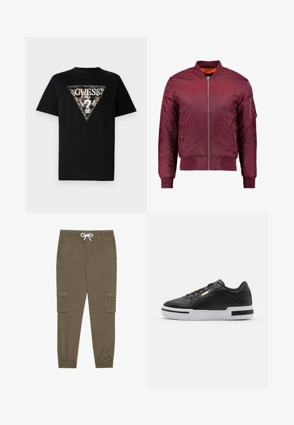 Bordeaux bomberjakke lavet af glat, let materiale. Har en frontlynlås, ribbede manchetter og en lomme på venstre ærme.; Sort bomuld t-shirt med et tredimensionelt trykt logo i guld og hvidt med blomsterdetaljer og teksten "GUESS" i midten.; Khaki cargo bukser med elastisk linning og snor, med sidelommer og manchetter ved anklerne. Fremstillet af et tekstureret, let materiale.; Sort lædersneaker med hvid mellemsål, perforeret tå, guld logo detalje, polstret krave og kontrasterende sorte accenter på siden.