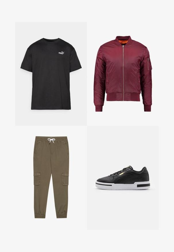 Giacca bomber color bordeaux realizzata in un materiale liscio e leggero. Presenta una zip frontale, polsini a coste e una tasca sul manica sinistra.; T-shirt di cotone nero, maniche corte, collo rotondo, con logo Puma bianco sul lato sinistro del petto, orlo dritto, texture liscia.; Pantaloni cargo khaki con elastico in vita e cordino, dotati di tasche laterali e caviglie cuffiate. Realizzati in un materiale leggero e testurizzato.; Sneaker in pelle nera con suola bianca, punta perforata, dettaglio logo in oro, collare imbottito e accenti neri a contrasto sui lati.