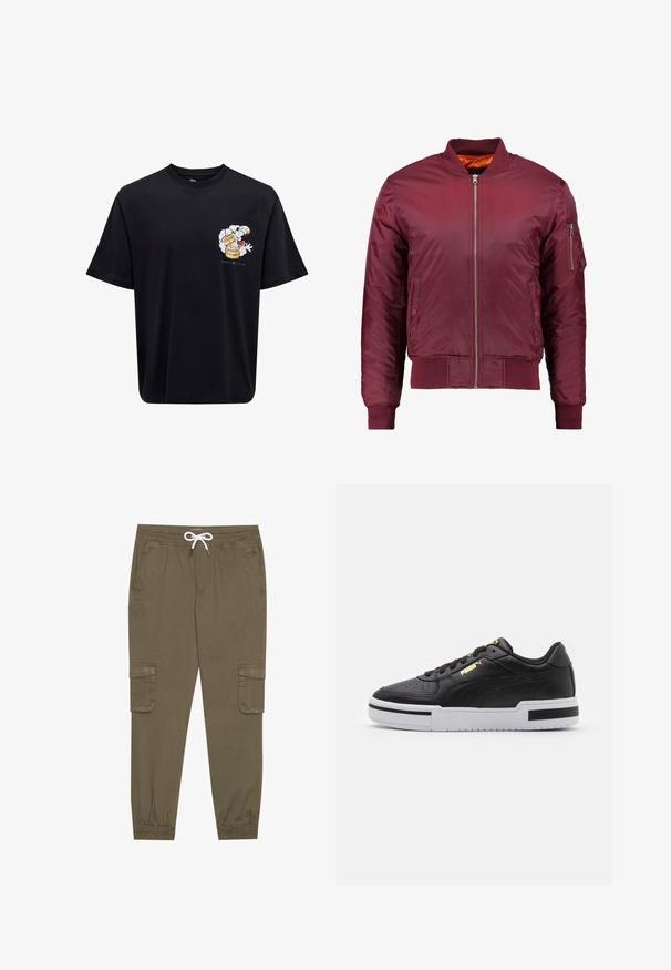 Jachetă bomber de culoare burgundă, realizată dintr-un material neted și ușor. Dispune de un fermoar frontal, manșete ribbrate și un buzunar pe mânecă, pe partea stângă.; Tricou din bumbac negru cu mâneci scurte; prezintă un grafic colorat al unui personaj cu un recipient aburind, imprimat pe partea stângă.; Pantaloni cargo kaki cu talie elastică și șnur, cu buzunare laterale și gleznă strânsă. Realizați dintr-un material texturat și ușor.; Sneaker din piele neagră cu talpă intermediară albă, vârf perforat, detaliu logo auriu, guler căptușit și accente negre contrastante pe lateral.