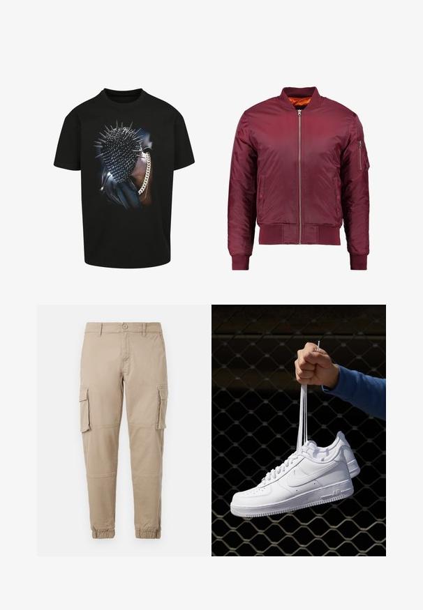 Bordový bomber kabát vyrobený z hladkého, ľahkého materiálu. Má predný zips, rebrované manžety a vrecko na ľavom rukáve.; Čierne tričko s grafikou hlavy s hrotmi a retiazkovým akcentom. Krátke rukávy a klasický strih. Odvážny dizajn s lesklou textúrou.; Béžové cargo nohavice vyrobené z ľahkej bavlny. Majú elastické manžety, viacero bočných vreciek a zapínanie na gombík.; Biele kožené tenisky s perforáciami, okrúhlou špičkou, plochou podrážkou a hrubými šnúrkami, pričom majú viditeľné logo swoosh a nápis "AIR" na päte.