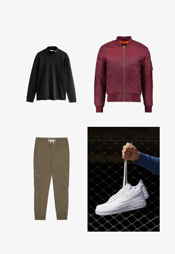 Giacca bomber color bordeaux realizzata in un materiale liscio e leggero. Presenta una zip frontale, polsini a coste e una tasca sul manica sinistra.; Felpa nera a maniche lunghe con collo alto, realizzata in tessuto morbido, caratterizzata da spalle scese e polsini a coste per una vestibilità rilassata.; Pantaloni cargo khaki con elastico in vita e cordino, dotati di tasche laterali e caviglie cuffiate. Realizzati in un materiale leggero e testurizzato.; Sneakers in pelle bianca con perforazioni, punta rotonda, suola piatta e lacci spessi, con logo swoosh visibile e "AIR" sul tallone.