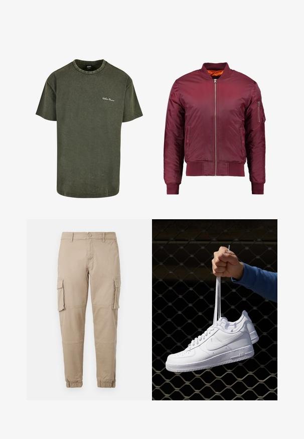 Burgundi värvi bomber-jakk, mis on valmistatud siledast ja kerge materjalist. Mööda esist osa on lukuga, varrukate otstes on soonikkoes ribad ning vasakul varrukal on tasku.; Oliivroheline puuvillane t-särk lühikeste varrukatega, ümmarguse kaelusega ja õrna kulumise tekstuuriga. Esiküljel on valge "Urban Classics" tikand.; Beežid cargo-püksid kergest puuvillaste materjalist. Omab elastseid varrukatükke, mitmeid külgpocket'ite ja nööbiga sulgemist.; Valged nahast tennisetossud, millel on perforatsioonid, ümar nina, lame tallus ja paksud nöörid, nähtava swooshi logoga ja "AIR" kontsadel.