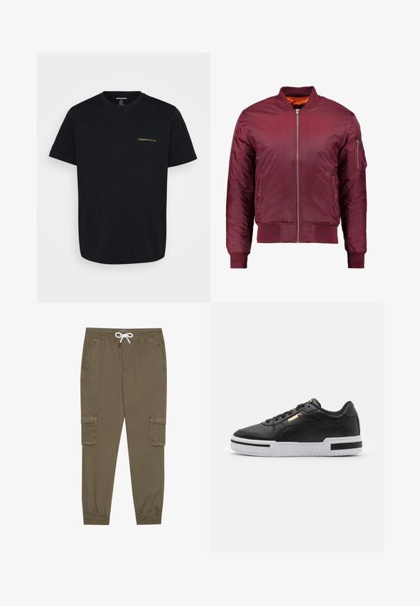Bordo aviatora jakna, izgatavota no gludas, vieglas materiāla. Iezīmē priekšējo rāvējslēdzēju, ribotām aprocēm un kabatu kreisajā piedurknē.; Melna kokvilnas T-kreklā ar īsām piedurknēm, ar mazu, zeltītu izšūtu "Originals" logotipu kreisajā krūtī. Klasiska apaļa kakla izgriezums.; Kaki kravas bikses ar elastīgu jostu un auklu, ar sānu kabatām un piegrieztiem potīšu galiem. Izgatavotas no teksturēta, viegla materiāla.; Melnas ādas sporta kurpes ar baltu viduspaldu, perforētu purngalu, zelta logotipa detalizāciju, mīkstu apkaklīti un kontrastējošām melnām akcentēm sānos.
