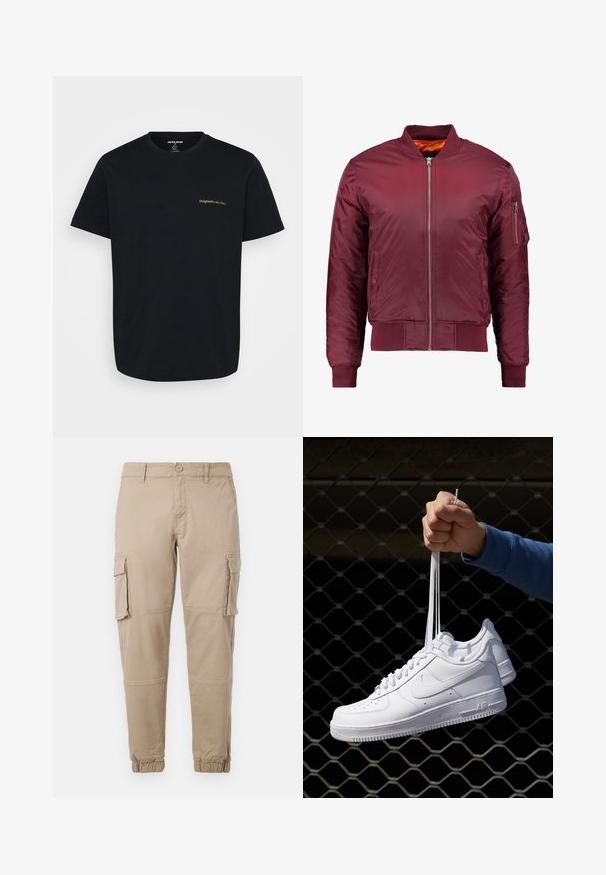 Bordeaux bomberjakke lavet af glat, let materiale. Har en frontlynlås, ribbede manchetter og en lomme på venstre ærme.; Sort bomulds T-shirt med korte ærmer, der har et lille, guld broderet "Originals" logo på venstre bryst. Klassisk crew neck design.; Beige cargo bukser i et letvægts bomuldsstof. Har elastiske manchetter, flere sidelommer og en knaplukning.; Hvide lædersneakers med perforeringer, rund tå, flad sål og tykke snørebånd, med et synligt swoosh-logo og "AIR" på hælen.