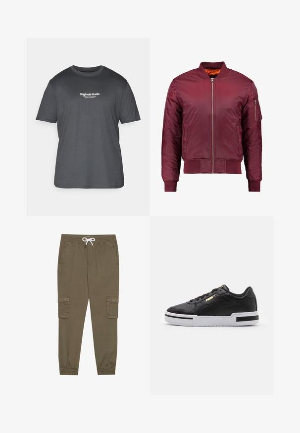 Bordeaux bomberjakke lavet af glat, let materiale. Har en frontlynlås, ribbede manchetter og en lomme på venstre ærme.; Jack & Jones JORVESTERBRO TEE CREW NECK - T-shirts print - forest river; Khaki cargo bukser med elastisk linning og snor, med sidelommer og manchetter ved anklerne. Fremstillet af et tekstureret, let materiale.; Sort lædersneaker med hvid mellemsål, perforeret tå, guld logo detalje, polstret krave og kontrasterende sorte accenter på siden.