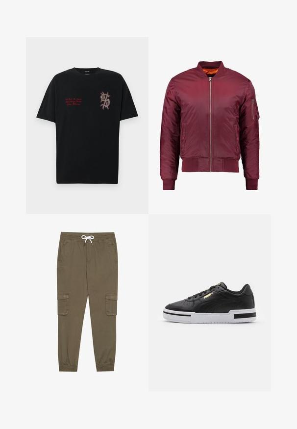 Bordový bomber kabát vyrobený z hladkého, lehkého materiálu. Obsahuje přední zip, žebrované manžety a kapsu na levém rukávu.; Černé krátké tričko s krátkým rukávem vyrobené z bavlny, s vytištěným logem a názvy měst v červené barvě na přední straně, s kulatým výstřihem a volným střihem.; Khaki cargo kalhoty s elastickým pasem a tkaničkou, s bočními kapsami a manžetami na kotnících. Vyrobeno z texturovaného, lehkého materiálu.; Černé kožené tenisky s bílou mezipodešví, perforovanou špičkou, zlatým logem, polstrovaným límcem a kontrastními černými akcenty na straně.