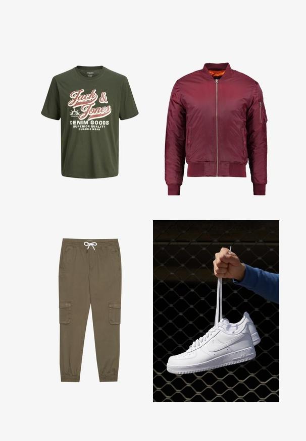 Maroon bomber jakna, izdelana iz gladkega in lahkega materiala. Ima sprednji zadrgo, rebraste manšete in žep na levem rokavu.; Zeleni bombažni T-majica s kratkimi rokavi, okroglo ovratnikom, sodeč na veliki beli in rožnati napis "Jack & Jones Denim Goods" ter logotipom.; Khaki cargo hlače z elastičnim pasom in vrvico, z stranskimi žepi in manšetami na gležnjih. Narejene so iz teksturiranega, lahkega materiala.; Bela usnjena športna obutev s perforacijami, okroglo konico, ravnim podplatom in debelimi vezalkami, z vidnim logotipom smoosh in napisom "AIR" na peti.