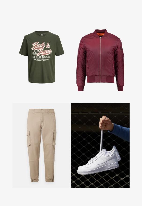 Bordeaux bomberjakke lavet af glat, let materiale. Har en frontlynlås, ribbede manchetter og en lomme på venstre ærme.; Grøn bomulds T-shirt med korte ærmer, rund hals, med stor hvid og lyserød tekst der står "Jack & Jones Denim Goods" samt logo.; Beige cargo bukser i et letvægts bomuldsstof. Har elastiske manchetter, flere sidelommer og en knaplukning.; Hvide lædersneakers med perforeringer, rund tå, flad sål og tykke snørebånd, med et synligt swoosh-logo og "AIR" på hælen.