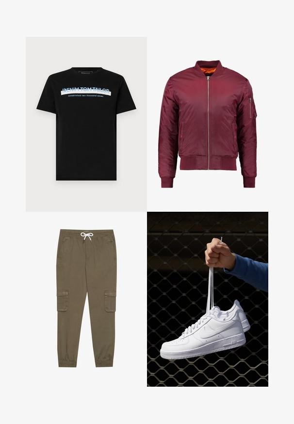 Maroon bomber jakna, izdelana iz gladkega in lahkega materiala. Ima sprednji zadrgo, rebraste manšete in žep na levem rokavu.; Črna bombažna majica s krožnim ovratnikom, na kateri so modro-bele napis: "DENIM TOM TAILOR ustanovljen dvesto sedem."; Khaki cargo hlače z elastičnim pasom in vrvico, z stranskimi žepi in manšetami na gležnjih. Narejene so iz teksturiranega, lahkega materiala.; Bela usnjena športna obutev s perforacijami, okroglo konico, ravnim podplatom in debelimi vezalkami, z vidnim logotipom smoosh in napisom "AIR" na peti.