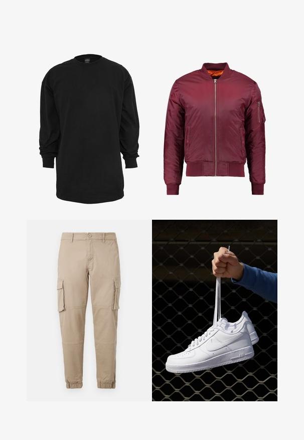 Giacca bomber color bordeaux realizzata in un materiale liscio e leggero. Presenta una zip frontale, polsini a coste e una tasca sul manica sinistra.; T-shirt nero a maniche lunghe realizzato in cotone. Presenta un colletto rotondo e una vestibilità regolare. Texture liscia senza motivi o accenti visibili.; Pantaloni cargo beige in un leggero cotone. Presentano polsini elasticizzati, molteplici tasche laterali e una chiusura con bottone.; Sneakers in pelle bianca con perforazioni, punta rotonda, suola piatta e lacci spessi, con logo swoosh visibile e "AIR" sul tallone.