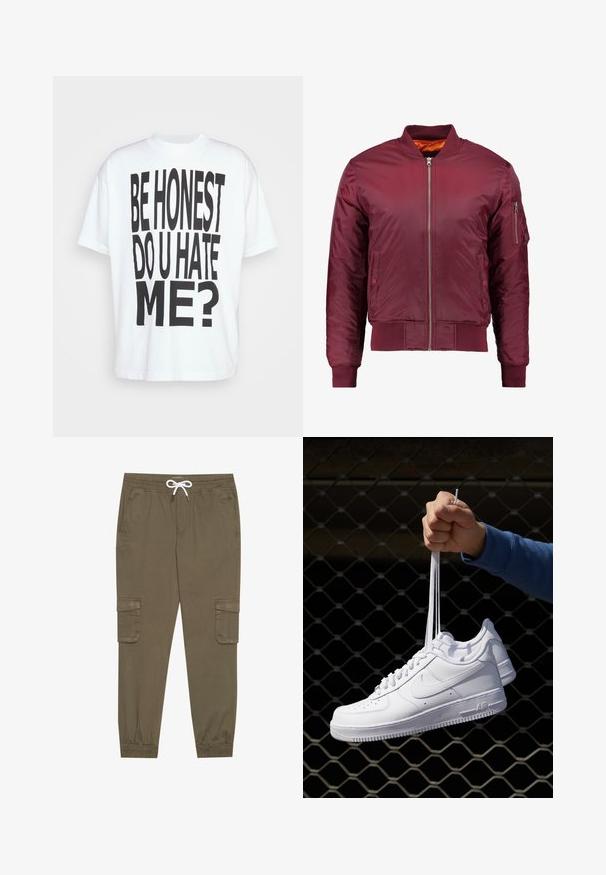 Bordový bomber kabát vyrobený z hladkého, ľahkého materiálu. Má predný zips, rebrované manžety a vrecko na ľavom rukáve.; Jaded London LA HONESTY TEE - Tričko s potlačou - white; Khaki cargo nohavice s elastickým pásom a šnúrkou, pričom majú bočné vrecká a zúžené členky. Vyrobené z textúrovaného, ľahkého materiálu.; Biele kožené tenisky s perforáciami, okrúhlou špičkou, plochou podrážkou a hrubými šnúrkami, pričom majú viditeľné logo swoosh a nápis "AIR" na päte.