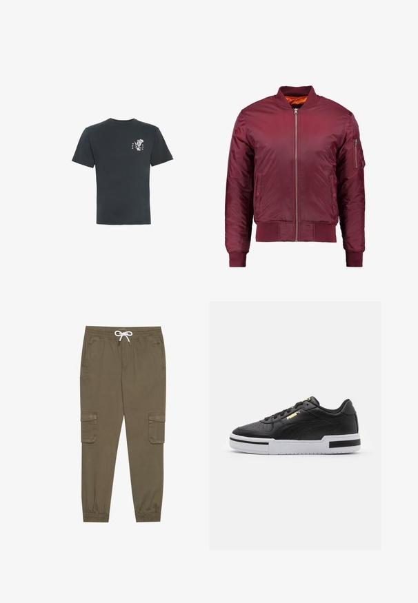 Bordo bomber jakna napravljena od glatkog, laganog materijala. Ima prednji zip, rebraste manžetne i džep na lijevoj rukavu.; Crna majica kratkih rukava s malim bijelim prikazom letećeg orla i pet zvjezdica na lijevoj strani prsa.; Khački cargo hlače s elastičnom strukom i vezicom, s bočnim džepovima i suženim gležnjevima. Izrađene od teksturiranog, laganog materijala.; Crne kožne tenisice s bijelim potplatom, perforiranim nosom, zlatnim logotipom, podstavljenim ovratnikom i kontrastnim crnim detaljima sa strane.