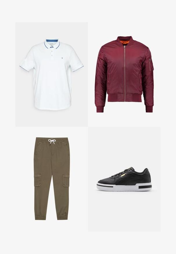 Bomber jacket maroon dibuat dari bahan halus dan ringan. Memiliki ritsleting depan, manset bergelombang, dan saku di lengan kiri.; Jack & Jones JJEPAULOS SS NOOS PLS - Pikeepaita - soothing sea; Khaki cargo-housut, joissa on joustava vyötärö ja kiristysnauha, sekä sivutaskut ja lahkeiden resorit. Valmistettu teksturoidusta, kevyestä materiaalista.; Musta nahkainen lenkkari, jossa on valkoinen välipohja, rei'itetty varvastoppa, kultainen logodetail, pehmustettu nilkkareuna ja mustat kontrastivärit sivuilla.
