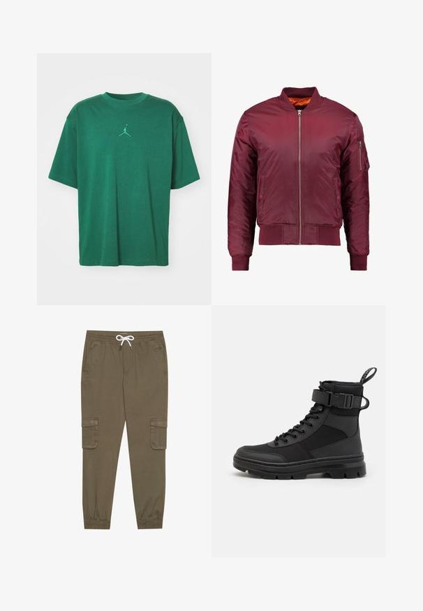 Bordo spalvos bomberis, pagamintas iš lygaus, lengvo medžiagos. Yra priekinis užtrauktukas, įtempiami rankogaliai ir kišenė kairiajame rankove.; Žalias medvilninis marškinėliai su laisvu siluetu, ant krūtinės nedidelis siuvinėtas Jumpman logotipas tos pačios žalios spalvos. Trumpomis rankovėmis.; Khaki krovinių kelnės su elastingu juosmeniu ir užtrauktuku, su šoninėmis kišenėmis ir sutrauktomis kulkšnėmis. Pagamintos iš tekstūruotos, lengvos medžiagos.; Juodas kulkšninis botas su tekstūruotu nailono viršumi, raištelių dizainu ir reguliuojama juosta, turintis tvirtą guminį padą, kad pagerintų sukibimą.
