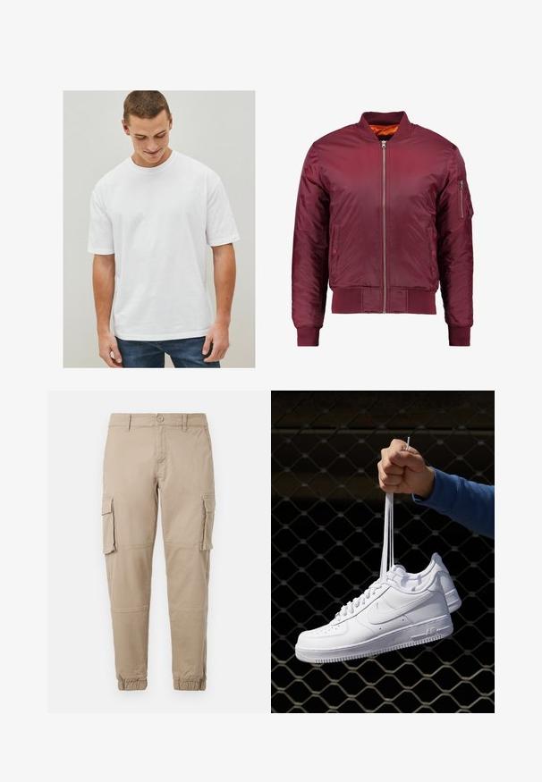 Jachetă bomber de culoare burgundă, realizată dintr-un material neted și ușor. Dispune de un fermoar frontal, manșete ribbrate și un buzunar pe mânecă, pe partea stângă.; Tricou alb din bumbac, cu mâneci scurte, croială lejeră și decolteu rotund. Fără modele sau accente, expus cu blugi din denim.; Pantaloni cargo bej dintr-un material din bumbac ușor. Au manșete elastice, mai multe buzunare laterale și închidere cu buton.; Adidași albaștri din piele cu perforații, vârf rotund, talpă plată și șireturi groase, cu un logo swoosh vizibil și cu inscripția "AIR" pe toc.