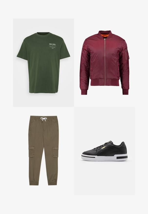 Chaqueta bomber de color burdeos, fabricada con material suave y ligero. Presenta un cierre frontal de cremallera, puños acanalados y un bolsillo en la manga izquierda.; Camiseta de algodón verde con cuello redondo, mangas cortas y texto impreso en blanco en la parte superior izquierda. Textura suave, ajuste relajado.; Pantalones cargo caqui con cintura elástica y cordón, que cuentan con bolsillos laterales y tobillos ajustados. Fabricados en un material ligero y texturizado.; Zapatilla deportiva de cuero negro con media suela blanca, puntera perforada, detalle del logo en dorado, cuello acolchado y acentos en negro contrastantes en los laterales.