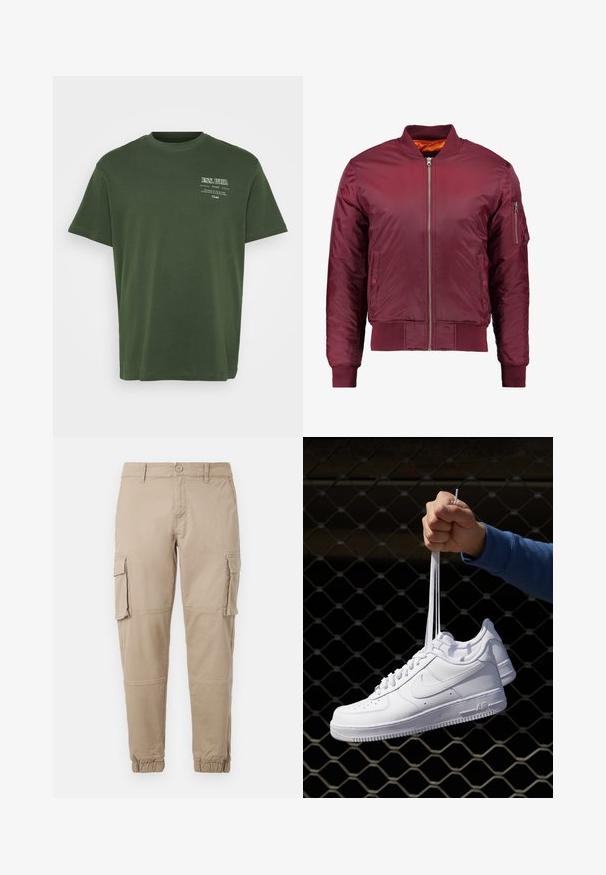 Burgundi bomber dzseki sima, könnyű anyagból készült. Elülső cipzárral, bordázott mandzsettákkal és zsebbe a bal ujjon.; Zöld pamut póló, kerek nyakkivágással, rövid ujjakkal, fehér nyomtatott szöveggel a bal felső oldalon. Sima tapintású, laza szabású.; Beige színű cargo nadrág könnyű pamut anyagból. Rugalmas mandzsettákkal, több oldalsó zsebbel és gombos záródással rendelkezik.; Fehér bőr sportcipők perforációval, kerek orral, lapos talppal és vastag fűzőkkel, látható swoosh logóval és "AIR" felirattal a sarokrészen.