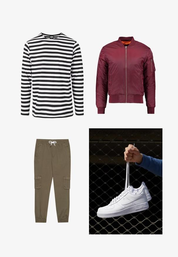 Bordeaux bomberjakke laget av glatt, lett materiale. Har glidelås foran, ribbestrikkede mansjetter og en lomme på venstre erme.; Svart og hvit stripete langermet skjorte med rund hals, laget av mykt materiale, med horisontale striper av lik bredde.; Khaki cargo bukser med elastisk livrem og snor, med sidelommer og mansjetterte ankler. Laget av et teksturert, lett materiale.; Hvite skinnsneakers med perforeringer, rund tå, flat såle og tykke lisser, med en synlig swoosh-logo og "AIR" på hælen.