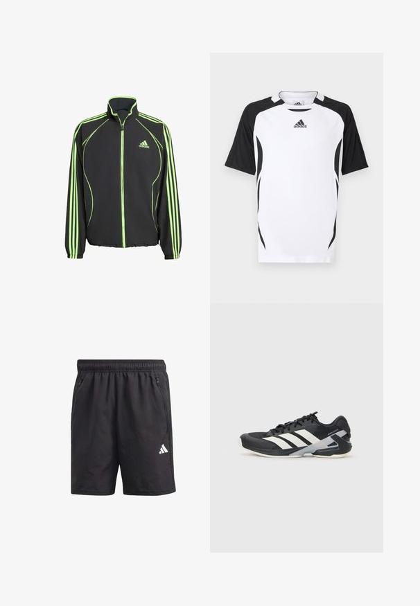 Černá sportovní bunda s zelenými akcenty, s vysokým límcem, předním zipem a třemi svislými pruhy na každém rukávu.; Tričko Adidas s krátkými rukávy v bílé barvě s černými detaily. Má kulatý výstřih, vertikální texturu a boční detaily pro atletický střih.; Černé sportovní šortky s elastickým pasem, bočními zipovými kapsami a bílým logem na levé noze. Lehký, hladký materiál.; Černá sportovní obuv s bílými pruhy, síťovaným svrškem, zaoblenou špičkou a polstrovanou podrážkou. Obsahuje texturovanou patu a bezpečný systém šněrování.
