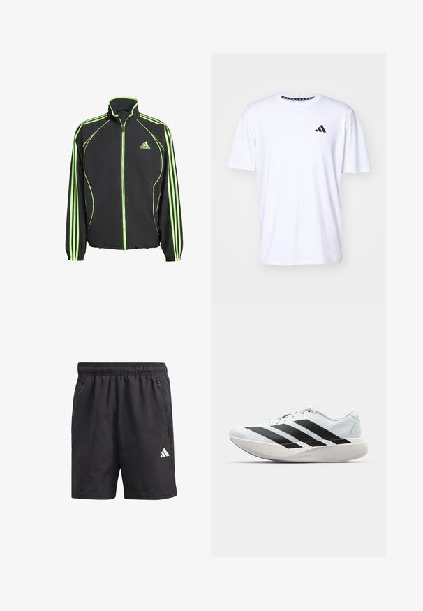 Černá sportovní bunda s zelenými akcenty, s vysokým límcem, předním zipem a třemi svislými pruhy na každém rukávu.; Bílý tričko s krátkým rukávem vyrobené z látky s hladkou texturou. Na levé hrudi se nachází černé logo adidas a vzorovaný límeček.; Černé sportovní šortky s elastickým pasem, bočními zipovými kapsami a bílým logem na levé noze. Lehký, hladký materiál.; Lehké běžecké boty v světle modré barvě s černými pruhy. Mají hladký svršek, kulatou špičku a silnou bílou mezipodešev označenou "LIGHTSTRIKE PRO."