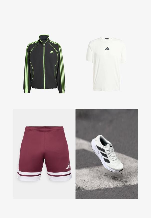 Zwarte sportjack met groene accenten, uitgerust met een hoge kraag, een ritssluiting aan de voorkant en drie verticale strepen op elke mouw.; Witte t-shirt met korte mouwen, gemaakt van lichtgewicht stof, met een ronde hals en een donkergrijs logo op de borst. Glad textuur, casual pasvorm.; Bordeaux kleurige sportshorts met witte strepen. Gladde textuur, elastische tailleband, met een logodetail aan de onderzijde.; Witte sportschoen met een textuur van mesh, zwarte strepen, vetersluiting en een gevoerde zool, zwevend boven een gemarkeerd wegoppervlak.