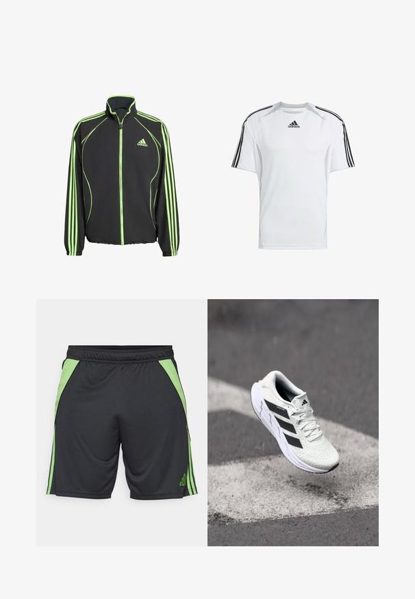 Čierna atletická bunda s zelenými akcentmi, s vysokým golierom, predným zipsom a tromi vertikálnymi pruhmi na každom rukáve.; Biele krátke rukávy športové tričko s čiernymi Adidas trojpruhmi na pleciach, vyrobené z hladkej, ľahkej tkaniny.; Čierne športové šortky s zelenými bočnými akcentmi a pruhmi. Vyrobené z ľahkého materiálu, s elastickým pásom pre pohodlie.; Biele športové tenisky s textúrovaným sieťovaným zvrškom, čiernymi pruhmi, šnurovaním a polstrovanou podrážkou, levitujúce nad označeným povrchom cesty.