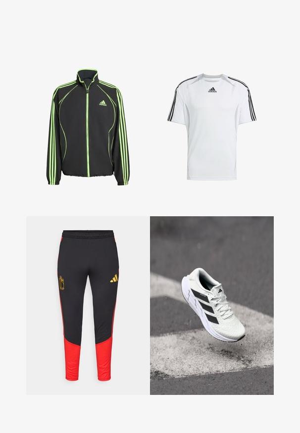 Jachetă sport neagră cu accente verzi, cu guler înalt, fermoar frontal și trei dungi verticale pe fiecare mânecă.; Cămașă sport albă cu mâneci scurte, cu accente negre într-un model cu trei dungi Adidas pe umeri, confecționată dintr-un material fin și ușor.; Pantaloni sport negri cu panouri laterale roșii, având un logo aurie pe coapsa stângă și un logo galben Adidas pe piciorul drept.; Adidași albi cu partea superioară din plasă texturată, dungi negre, închidere cu șireturi și talpă căptușită, levitând deasupra unei suprafețe de drum marcate.