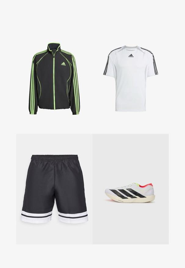 Svart treningsjakke med grønne detaljer, med høy krage, frontglidelås og tre vertikale striper på hver arm.; Hvit kortermet treningsskjorte med svarte Adidas tre-stripes detaljer på skuldrene, laget av glat og lett stoff.; Sorte treningsshorts med elastisk midje, med hvite horisontale striper ved kanten og en jevn tekstur.; Hvite joggesko med svarte striper, neongrønne detaljer og rød hæl. Har et lett design og teksturert såle for grep.