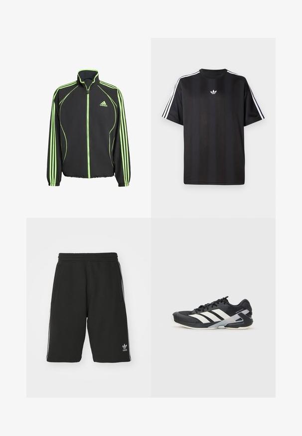Čierna atletická bunda s zelenými akcentmi, s vysokým golierom, predným zipsom a tromi vertikálnymi pruhmi na každom rukáve.; Čierne tričko s krátkym rukávom a bielymi trojpruhmi na pleciach a malým bielym logom na hrudi. Hladká textúra látky.; Čierne šortky vyrobené z kombinácie bavlny s elastickým pásom, s bielymi bočnými prúžkami a malým logom v dolnom ľavom rohu.; Čierna športová obuv s bielymi pruhmi, sieťovinový zvršok, zaoblená špička a polstrovaná podrážka. Obsahuje štruktúrovaný opätok a bezpečný systém šnurovania.